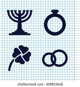 Set of 4 tradition filled icons such as clover, menorah, engagement ring