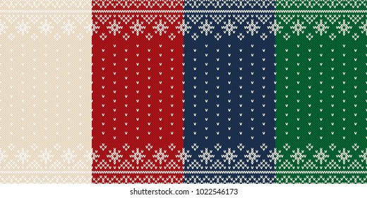 Set of 4 Traditional Fair Isle Style Seamless Knitted Patterns with Snowflakes. Collection of Christmas and New Year Design Backgrounds with a Place for Text