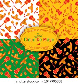 Set of 4 traditional mexican symbols seamless pattern. Festive backgrounds with sombrero, guitar and maracas in white, green, yellow and black colors. Vector illustration for party decoration