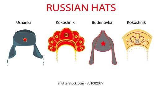 Set of 4 traditional popular russian hats: ushanka, kokoshnik, budenovka. Symbols of russian culture. Souvenir from Russia.