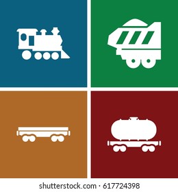 set of 4 train filled icons such as cargo wagon, locomotive