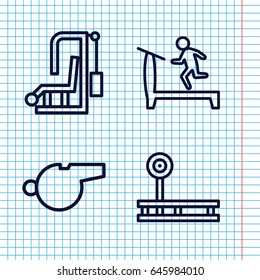 Set of 4 trainer outline icons such as treadmill, whistle, fintess equipment