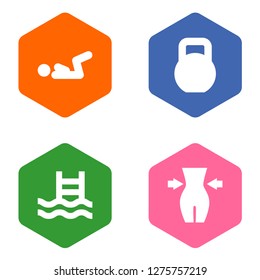 Set of 4 training icons set. Collection of v crunch, kettlebells, weight loss and other elements.
