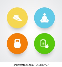 Set Of 4 Training Icons Set.Collection Of Meditate, Sneakers, Regime And Other Elements.