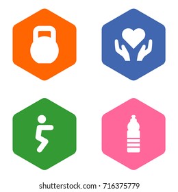 Set Of 4 Training Icons Set.Collection Of Drink, Heart In Hand, Activity Elements.