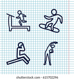 Set of 4 training outline icons such as exercising, treadmill, snowboard