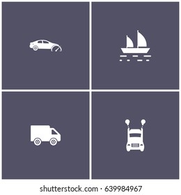set of 4 transport elements such as car, boat and van icon