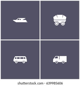 set of 4 transport elements such as motorboat, wagon, bus and lorry icon