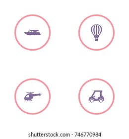 set of 4 transport elements such as helicopter, air balloon, golf cart and motorboat icon