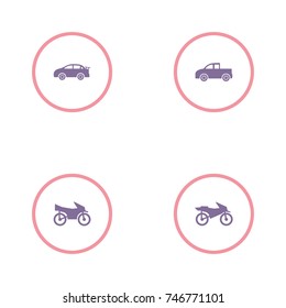 set of 4 transport elements such as car, pickup and motorcycle icon