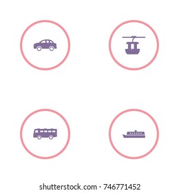 set of 4 transport elements such as car, bus, ship and Cable car cabin icon