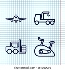Set of 4 transport outline icons such as forklift, plane, truck with hook
