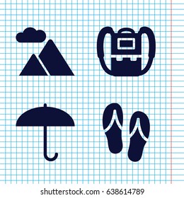 Set of 4 travel filled icons such as backpack, mountain, flip flops