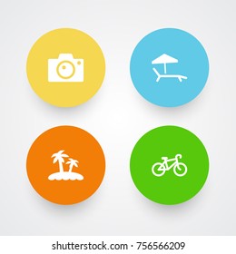 Set Of 4 Travel Icons Set.Collection Of Chaise Longue, Bike, Photo Apparatus And Other Elements.