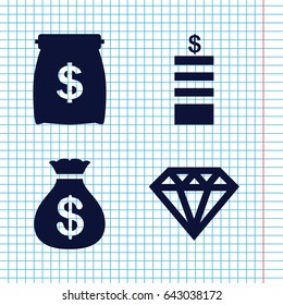 Set of 4 treasure filled icons such as coin, money sack, diamond