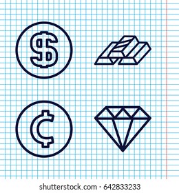 Set of 4 treasure outline icons such as diamond, dollar coin, gold bar