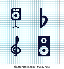 Set of 4 treble filled icons such as bemol, loudspeaker