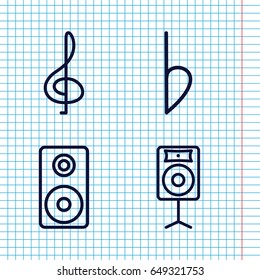 Set of 4 treble outline icons such as bemol, loudspeaker