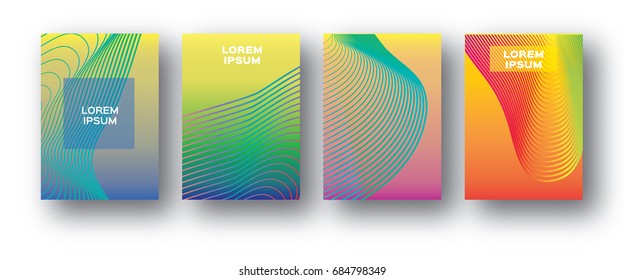 Set of 4 Trendy Colorful Gradient Future Geometric Shapes Covers template. Minimal design geometry halftone design for banners, flyers, invitation, posters, brochure, voucher discount. Vector