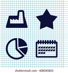 Set of 4 trendy filled icons such as calendar, factory, pie chart