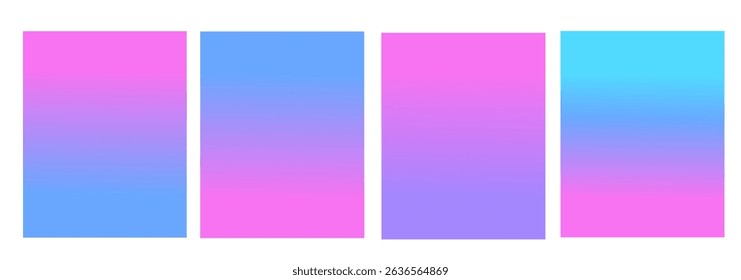 Set of 4 trendy gradient backgrounds of pink, blue, cyan and violet colors in soft transitions. For covers, wallpapers, posters, branding, social media and other projects. Vector, for web and print.