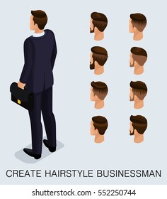 Set 4 Trendy isometric 3D businessman, a set of men's haircuts, styling, style, hipster, beard, mustache. Rear view isolated on a light background. Vector illustration