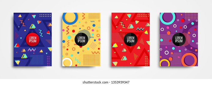 Set of 4 trendy memphis style covers with geometric pattern. Collection of cool bright covers with abstract geometric composition. Can be use for Banners, Covers, Posters, Flyers. Eps10.