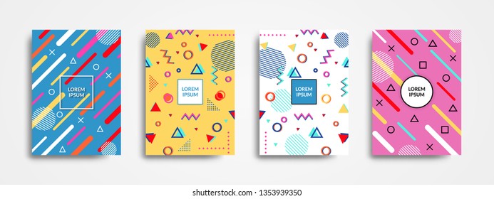 Set of 4 trendy memphis style covers with geometric pattern. Collection of cool bright covers with abstract geometric composition. Can be use for Banners, Covers, Posters, Flyers. Eps10.