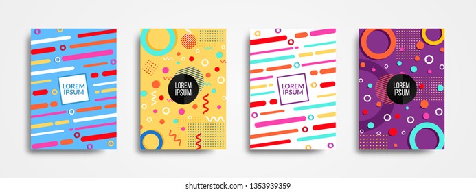 Set of 4 trendy memphis style covers with geometric pattern. Collection of cool bright covers with abstract geometric composition. Can be use for Banners, Covers, Posters, Flyers. Eps10.