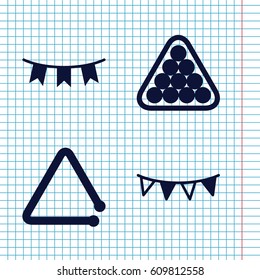 Set of 4 triangle filled icons such as billiards, triangle musical instrument