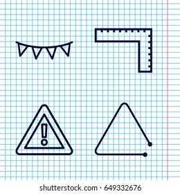 Set of 4 triangle outline icons such as ruler, warning, triangle musical instrument