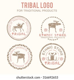 Set of 4 tribal badges (traditional and natural products, ethnic and tribal store). Hand drawn ethnic style with stylized figures (man, rider, moose) and a grunge texture. Soft colors (pink, brown)