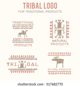 Set of 4 tribal badges (traditional and natural products, ethnic and tribal store). Hand drawn ethnic style with stylized figures (man, rider, moose) and a grunge texture. Soft colors (pink, brown)