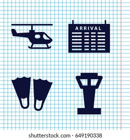 Set of 4 trip filled icons such as airport tower, arrival table, helicopter