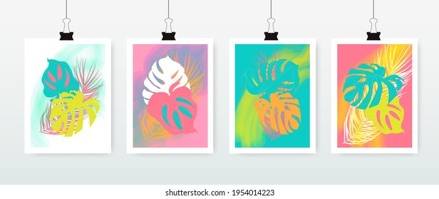 Conjunto de 4 hojas naturales tropicales con colores dorados miami. Diseño geométrico de elementos florales. Afiches de tendencia mínima orgánica que dejan afiches. Se puede usar en banners, volantes o web. Ilustración vectorial.