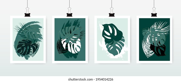 Set aus 4 tropischen Naturblättern mit goldener Form. Geometrisches Blumendesign. Organische minimale Trend-Grafik hinterlässt Plakate. Kann auf Bannern, Flyern oder Web verwendet werden. Vektorgrafik EPS10.