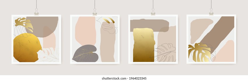 Conjunto de 4 hojas naturales tropicales con forma dorada. Diseño geométrico de elementos florales. Afiches de tendencia mínima orgánica que dejan afiches. Se puede usar en banners, volantes o web. Ilustración del vector EPS 10.
