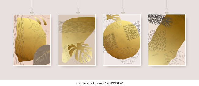 Set of 4 tropical nature leaf with gold shape. Floral element geometric design. Organic minimal trend graphic leaves posters. Can be used on banners, flyers or web. Vector illustration EPS 10.