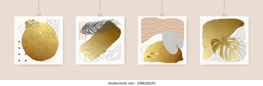 Set of 4 tropical nature leaf with gold shape. Floral element geometric design. Organic minimal trend graphic leaves posters. Can be used on banners, flyers or web. Vector illustration EPS 10.