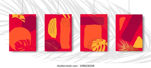 Set of 4 tropical nature leaf with gold shape. Floral element geometric design. Organic minimal trend graphic leaves posters. Can be used on banners, flyers or web. Vector illustration EPS 10.