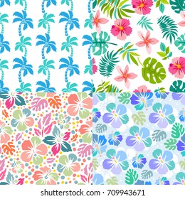 Set of 4 tropical patterns with hibiscus flowers, palms, foliage. Lovely design for fabric, wrapping paper, backgrounds.