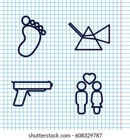 Set of 4 two outline icons such as foot print, couple, gun