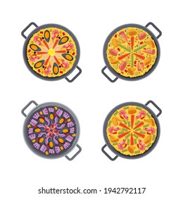 Set of 4 types of Spanish paella in a pan: with seafood, Valencian with chicken, rabbit and legumes, with chicken and shrimps, with black rice, shrimps and octopus. Vector food illustration,  icon