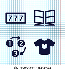 Set of 4 typography filled icons such as 7 number, t-shirt with heart, photo album