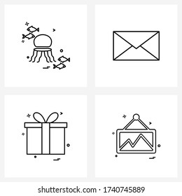 Set Of 4 UI Icons And Symbols For Aquarium; Gift Box; Jelly Fish; Gmail; Gift Item Vector Illustration