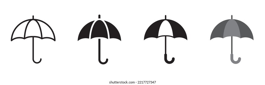 Set of 4 umbrella notification icon, outline editable stroke, solid glyph, flat and gray scale color style
