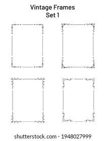 Conjunto de 4 marcos únicos retro ornamentados con florecimiento de esquina, colección de plantillas de viñetas de rectángulo exclusivas, copia de espacio elementos de diseño dibujados a mano, para páginas, espacios en blanco, saludos, certificados