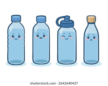 Set van 4 unieke waterfles vector illustraties in cartoon stijl. Verschillende vormen en ontwerpen voor variëteit, ideaal voor hydratatie-apps, verpakkingen of gezondheidscampagnes.