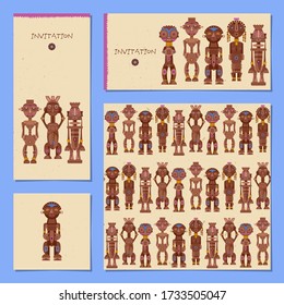 Set of 4 universal cards with African ritual wooden sculptures. Template. Party, birthday, holiday. Vector illustration