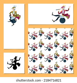 Set of 4 universal cards with Baron (character of German fairy tale) with spyglass flies on а cannonball. Vector illustration